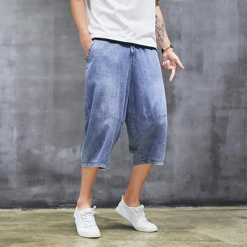 Summer Men Trendy Jean Pants Men Loose Casual Denim Pants Men Wide Leg Pants Male Calf-Lenght Pants Men All-Match Harlan Pants