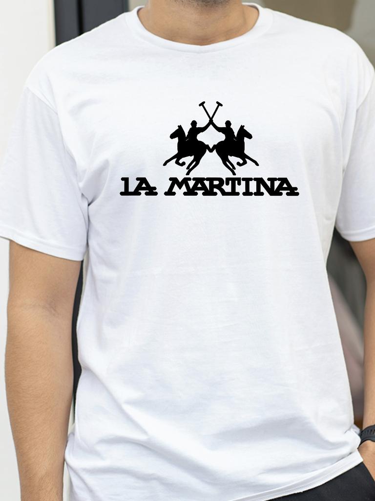 Maglietta da uomo estiva in puro cotone, alla moda, casual, sportiva, larga, con stampa del motivo LA MARTINA, girocollo, manica corta