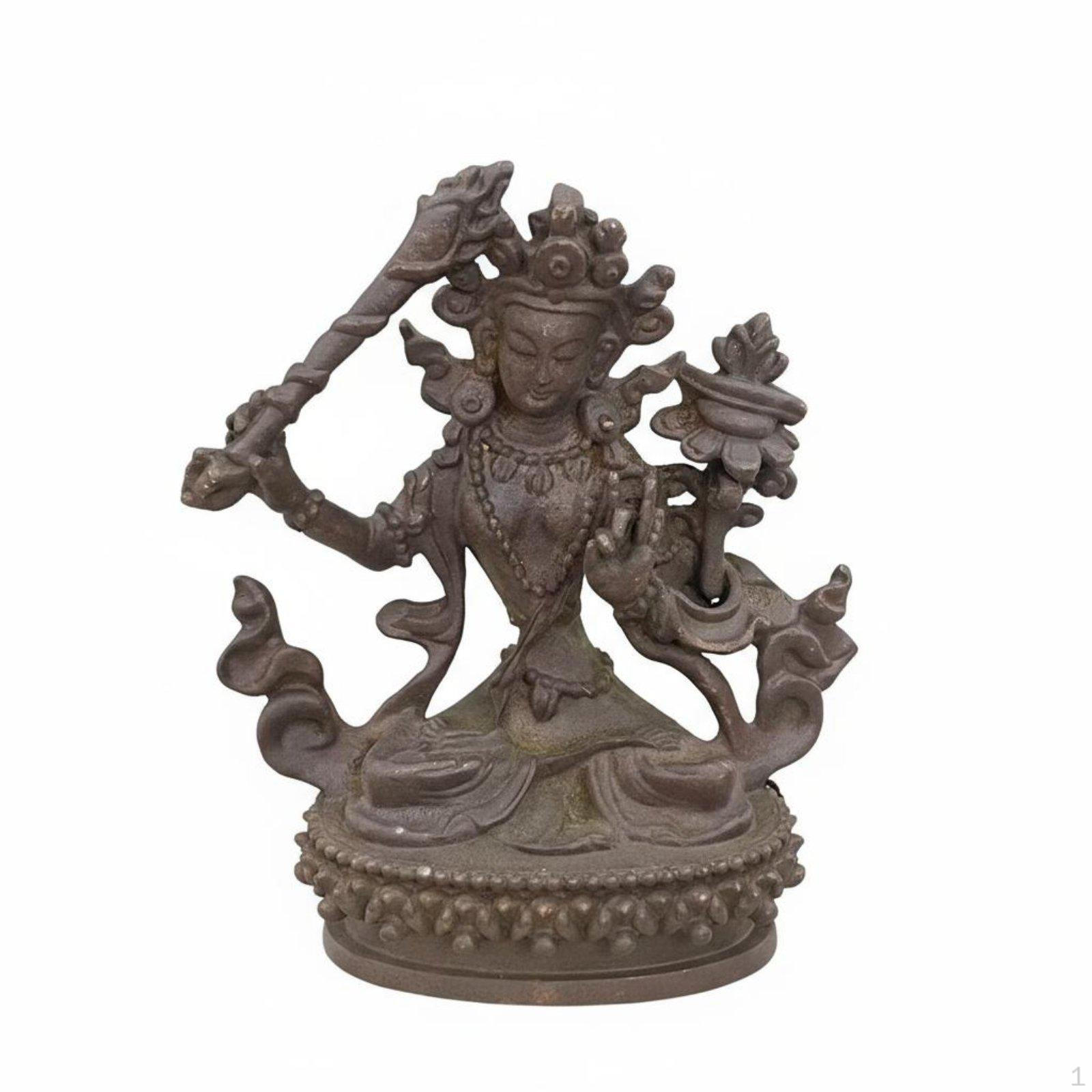 2 Pieces Divine Scholar Figure and Guanyin Figurines Intricate Details Green Patina Bodhisattva Antique Manjushri