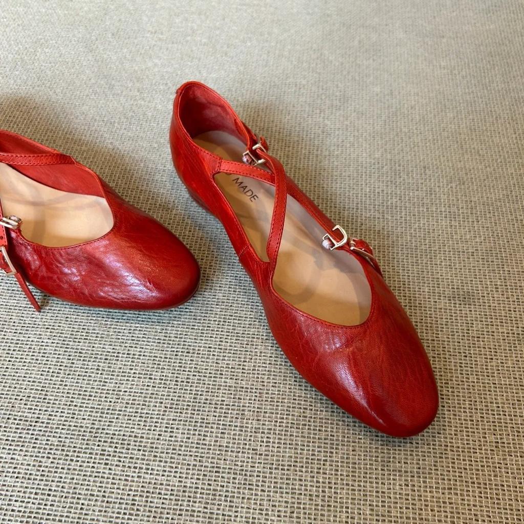 Washed cowhide~ Red ballet shoes retro leather cross-strap Mary Jane shoes women's round head shallow mouth flat-soled single shoes
