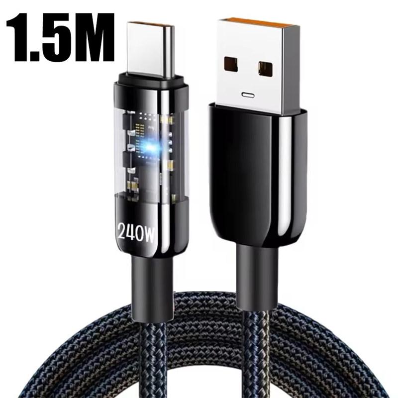 240W 10A Quick Charging USB C Cable Nylon Braided Transparent Type C High-speed Charger Wire for Samsung Huawei Mi Data Line
