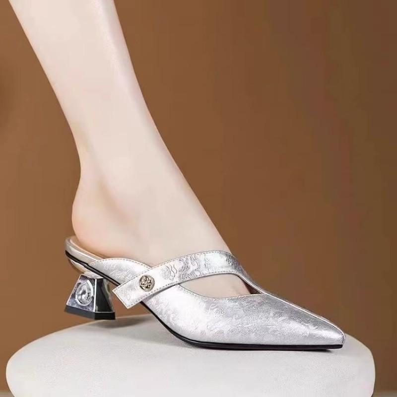 Medium Heel Baotou Half Slippers Women's Summer Wear New High-end Leather Pointed Lazy Sandals