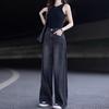 Autumn and winter nine-point velvet thickened denim women's pants are thin and high, covering the meat straight high waist loose wide-leg pants