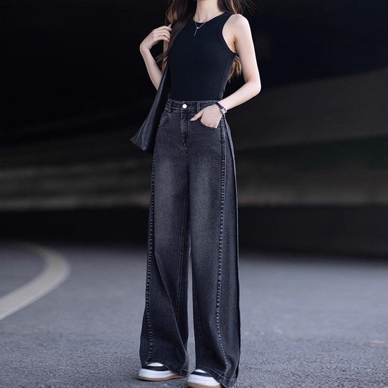 Autumn and winter nine-point velvet thickened denim women's pants are thin and high, covering the meat straight high waist loose wide-leg pants