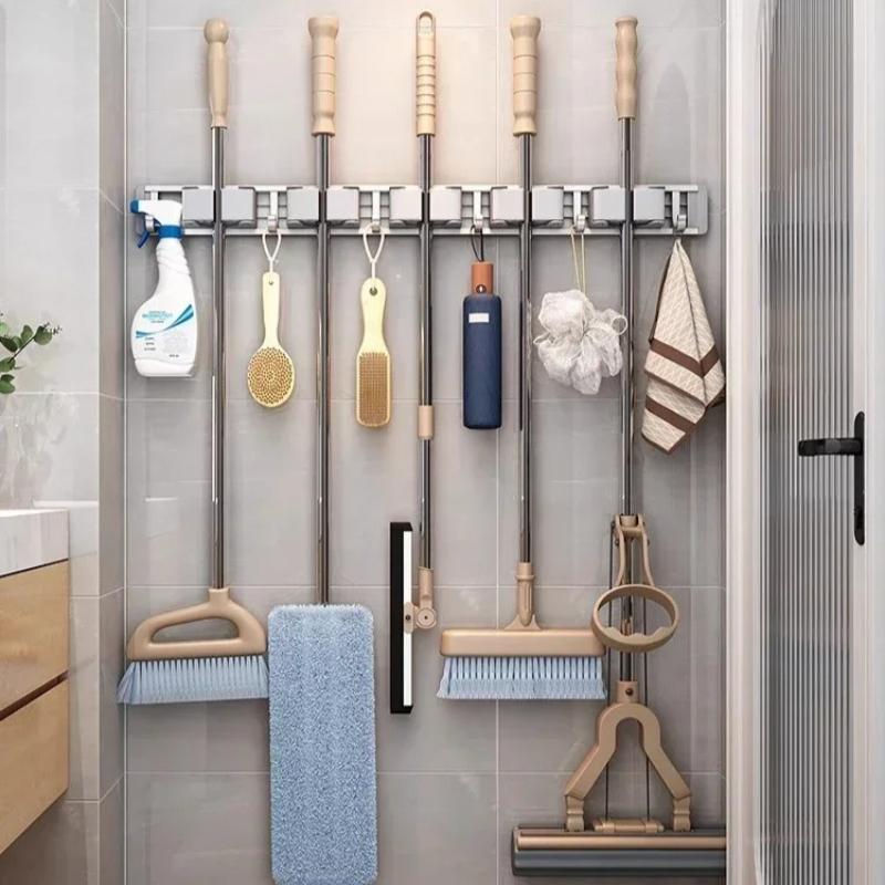 Mop and Broom Organizer Mop Holder Rack Mop Holder Wall Mounted Strong Broom Mop Holder Self with 5 Hooks Organizers Hang Broom