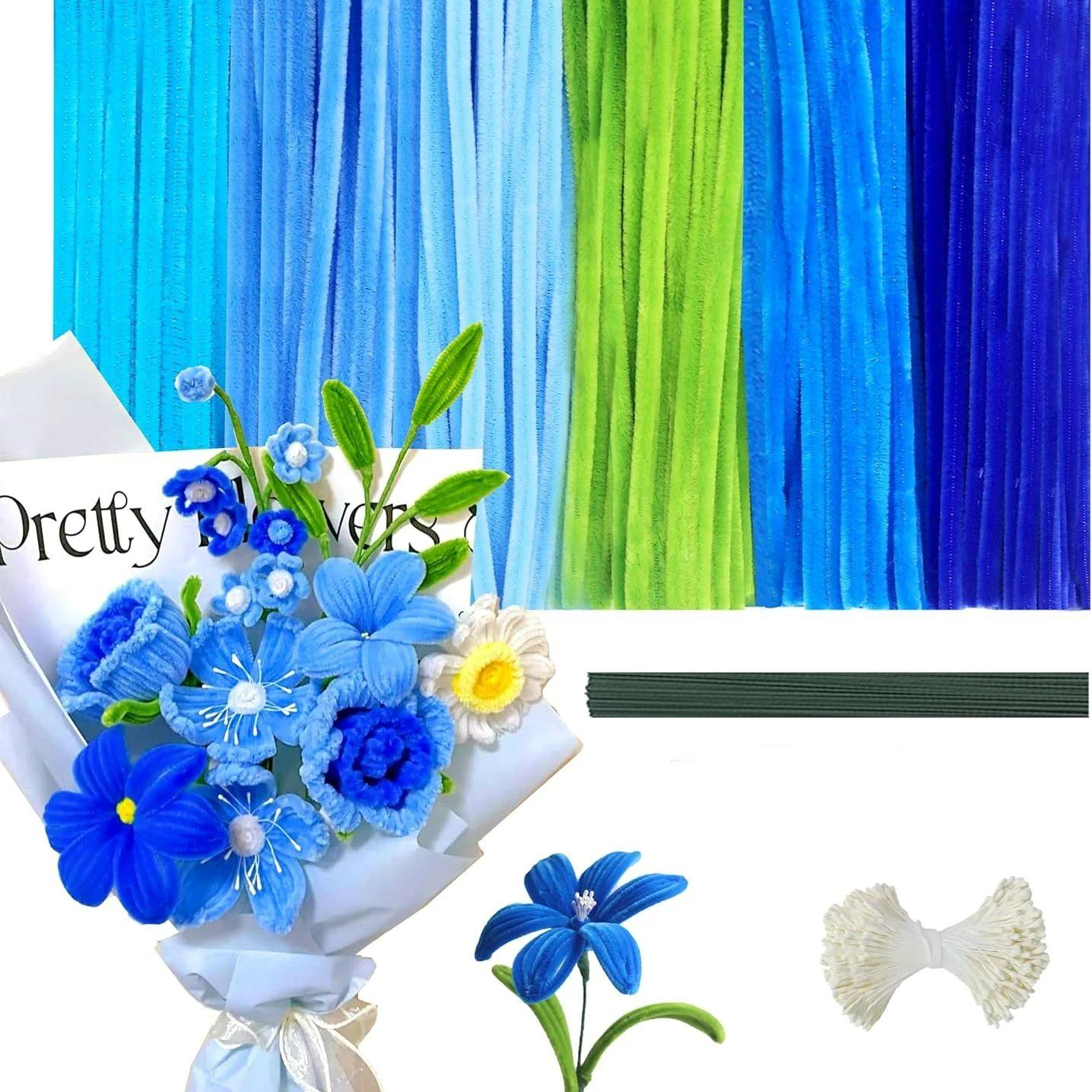 

600 Pieces Pipe Cleaners Craft, Chenille Stems for DIY Flower Making Kit, Blue Series with 20 Pcs Flower Stems and 150Pc Stamens