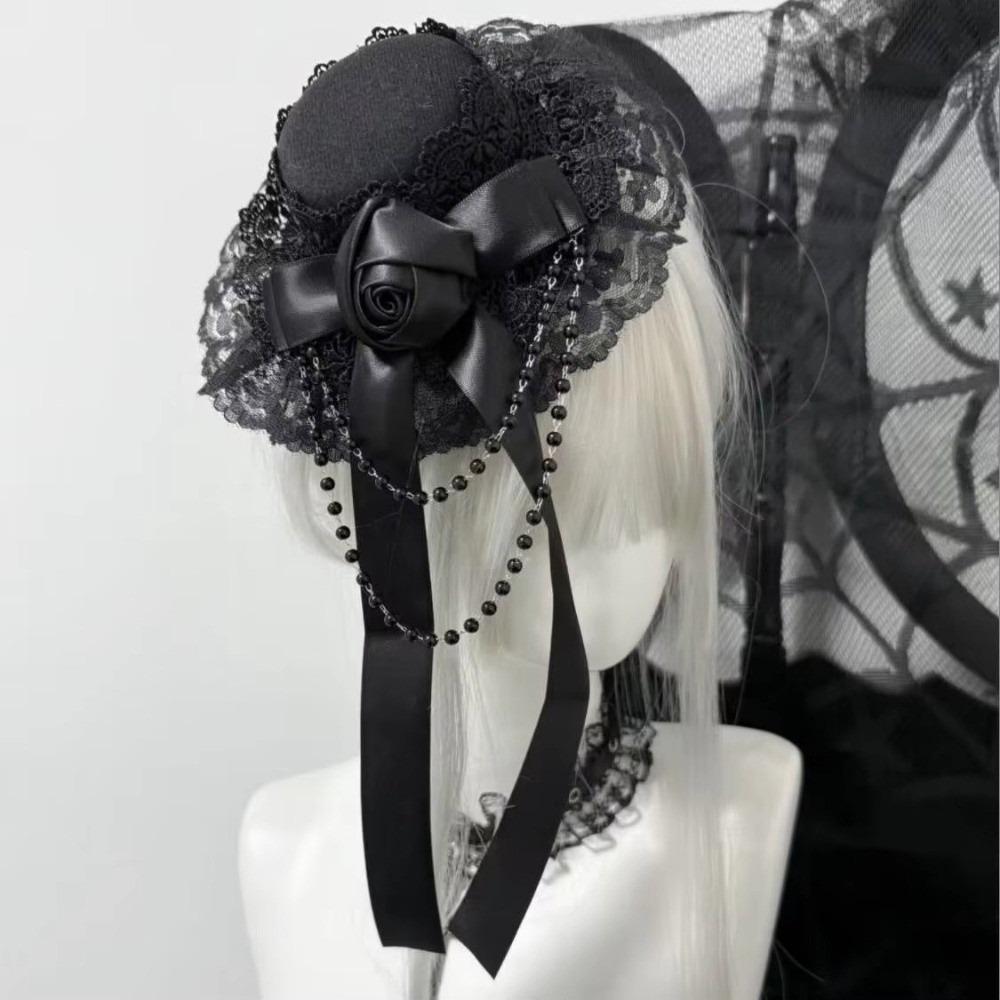 

Цепочка с бантом Заколка для волос Черно-белый цвет Готическая роза Повязка на голову Ретро Лолита Головной убор чёрный