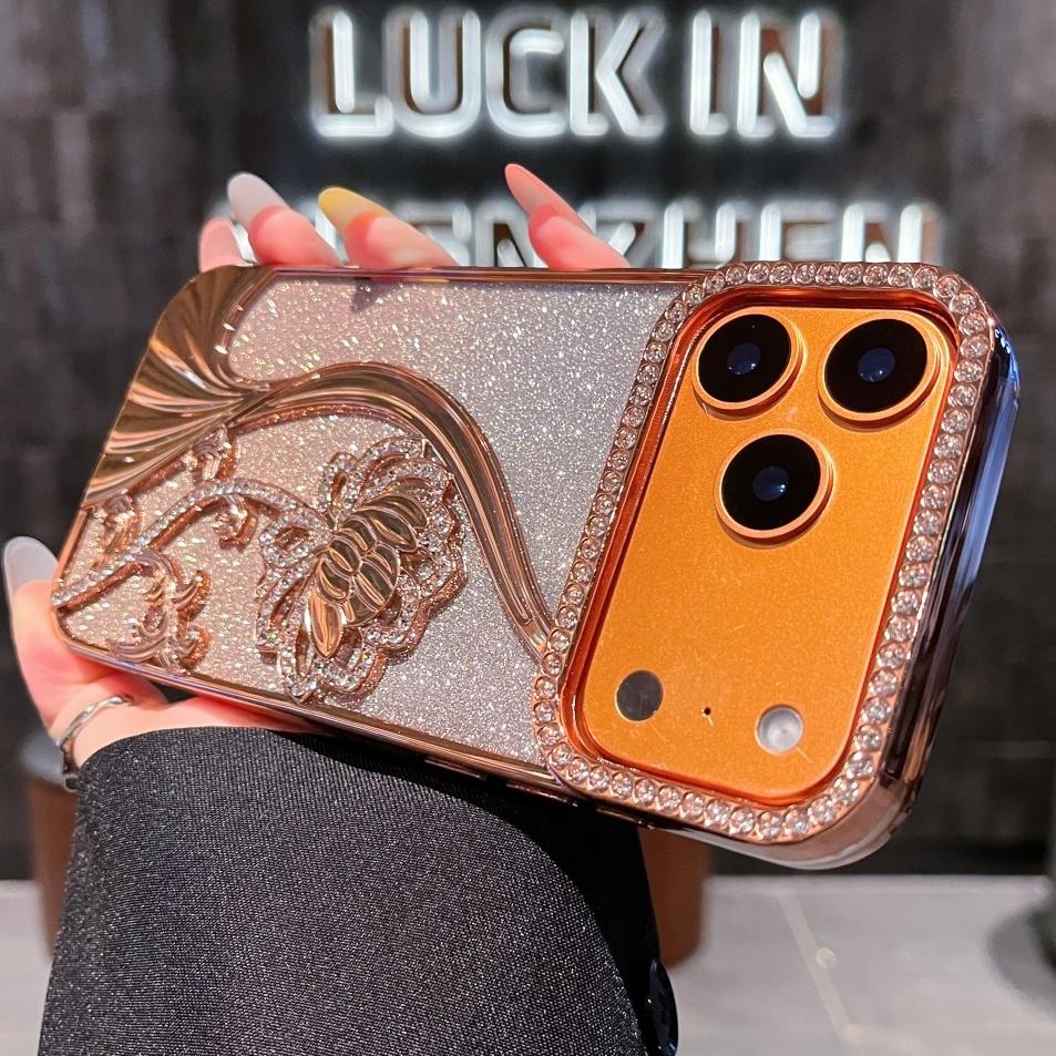 Gradient Glitter Phone Cover for Apple IPhone 12 13 14 15 16 17 Pro Max Air Plus Diamond Flowers Plating Luxury Cases Women