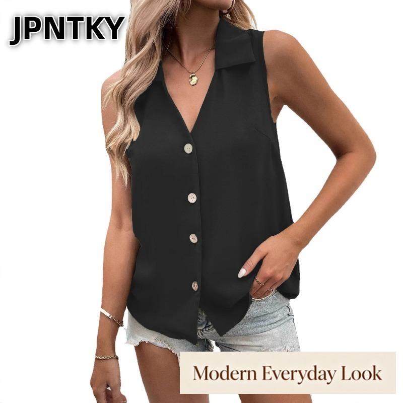 QICED Women's Fashion Casual Solid Color Print V-Neck Sleeveless Blouses & Shirts