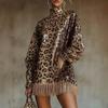 2025 Autumn/Winter Leopard Print High Neck Brown Sequin Fringe Dress