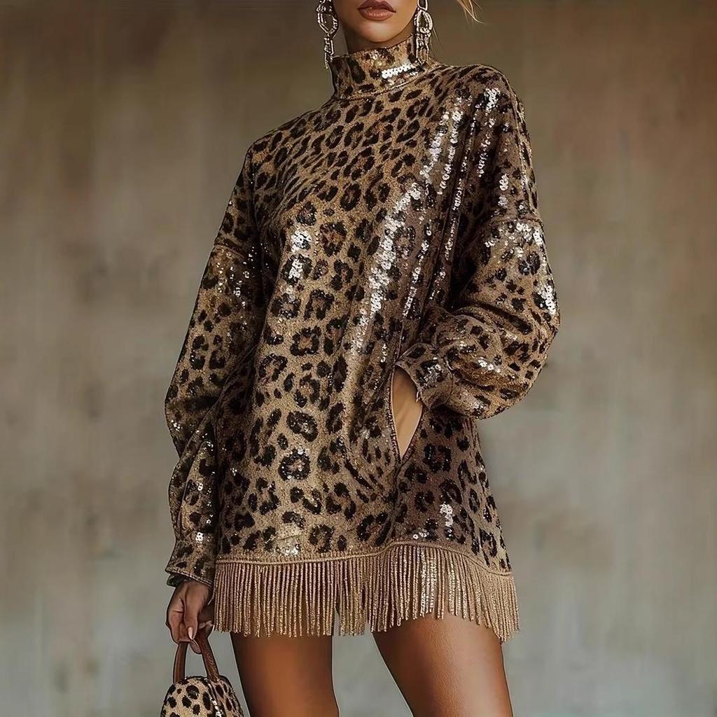 2025 Autumn/Winter Leopard Print High Neck Brown Sequin Fringe Dress