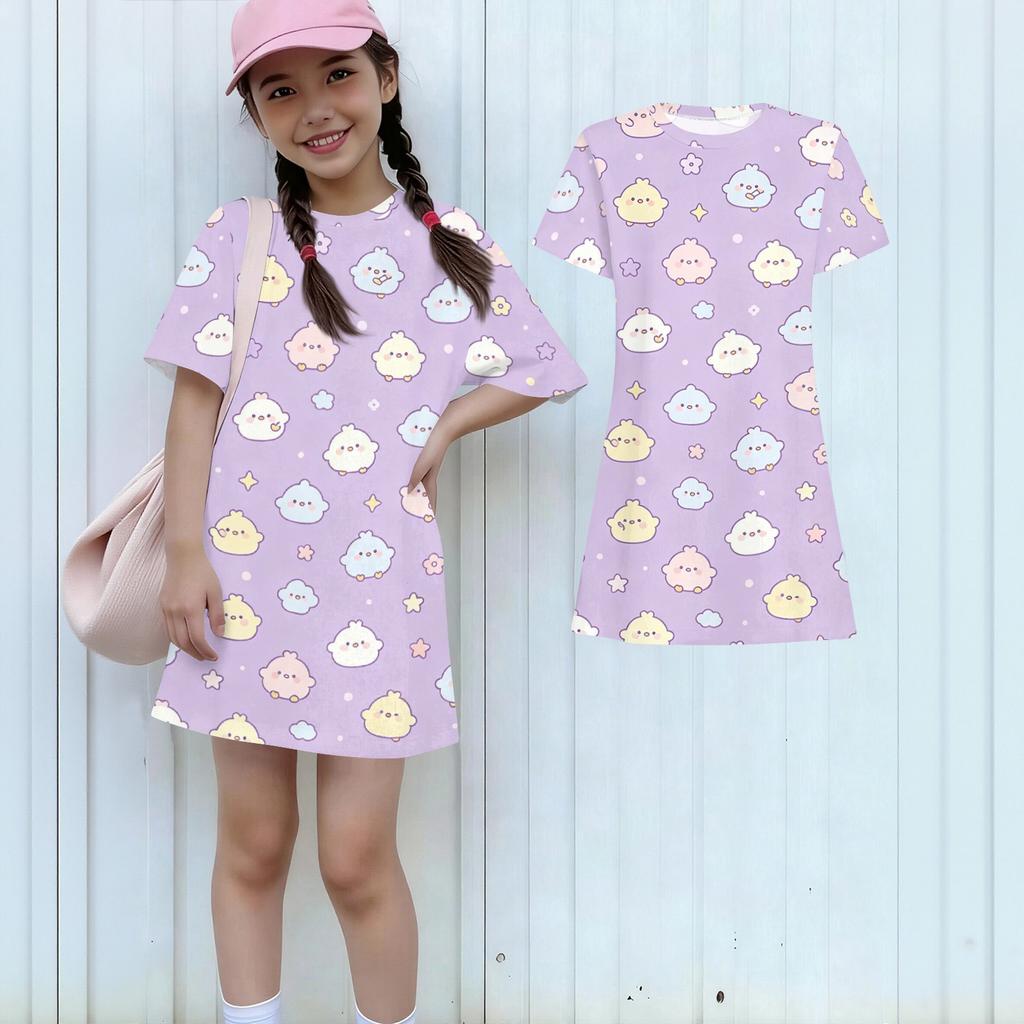Girls Loose Fit Short Sleeve Dress Kids Casual Round Neck Lightweight Summer Dress with Animal Pattern Printed Design