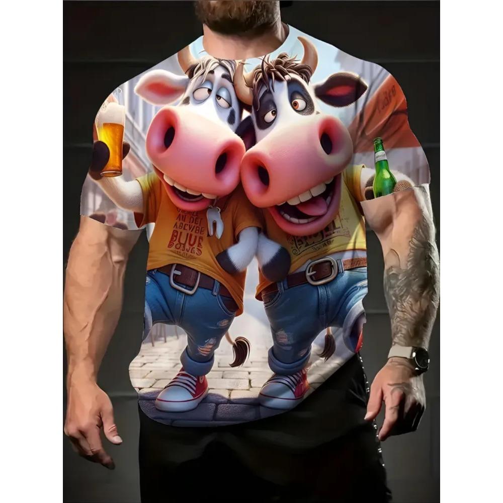 Men's Fun Animal Pig Print Short Sleeved T-shirt Creative Personality Large Loose Sports Casual Fashionable Comfortable Soft Breathable T-shirt