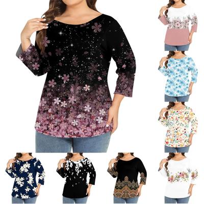 Women's Plus-size Model O-neck 3/4 Sleeve Solid Color Top