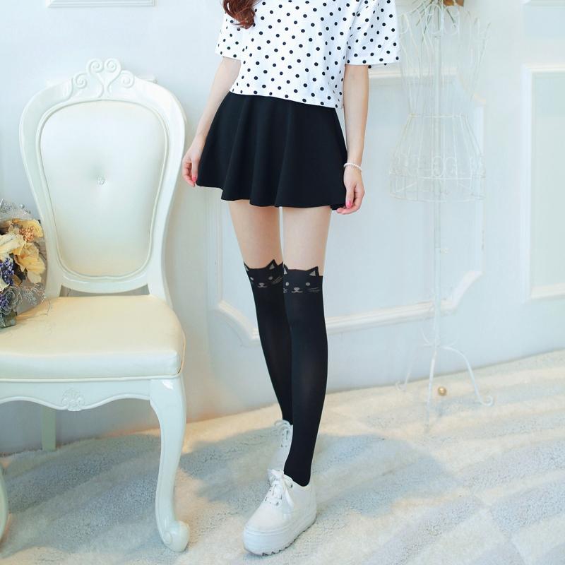Sexy Women for Cat Tail Faux Thigh High Hosiery Pantyhose Tattoo Tights Japanese Cartoon Pattern Black Stockings Hosiery