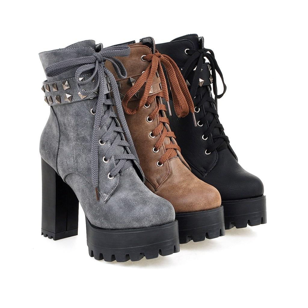 2026 Punk Dark Style Women's Chunky Heel Platform Boots with Rivets