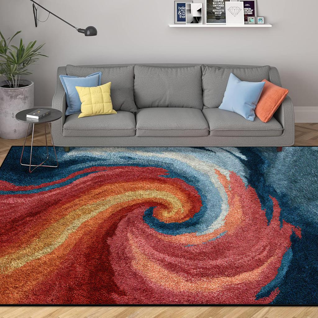 Abstract Modern Geometric Area Rugs Bedroom Living Room Non-slip Floor Mat with Vortex Red Orange Dining Room Carpet Washable