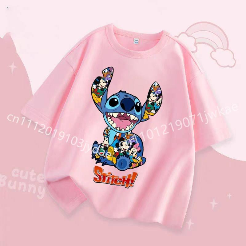 Stitch Kids T Shirt Cute Cartoon Print Short-Sleeved Fashion Casual Round Neck T-Shirt for Boys and Girls Daily Tops
