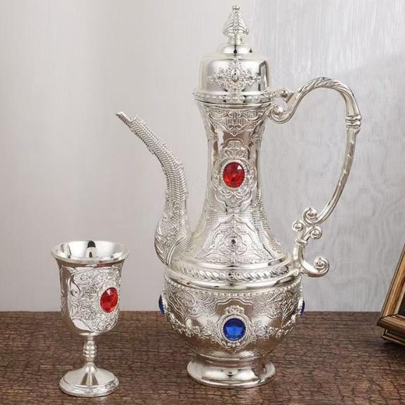 Wine Set, Silver Alloy Inlaid Gem Home Wine Pot Wine Glass Set,Red Vintage Wine Cup Glass,Wine Pot Wedding Decoration,1Set