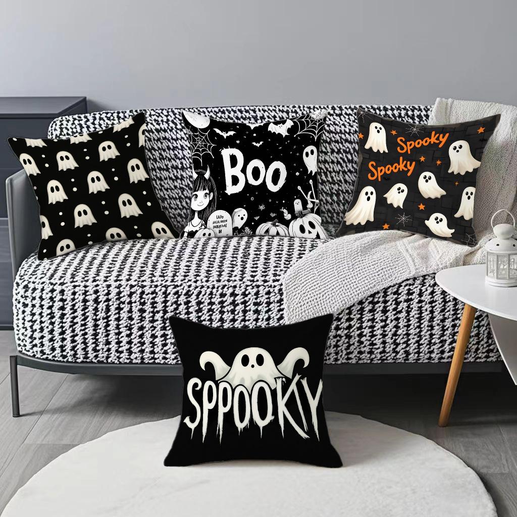 1pcs Classic Halloween Ghost Print Pillow Cover Scary Pumpkin Bat Pattern Decorative Cushion Case for Home Sofa Decoration