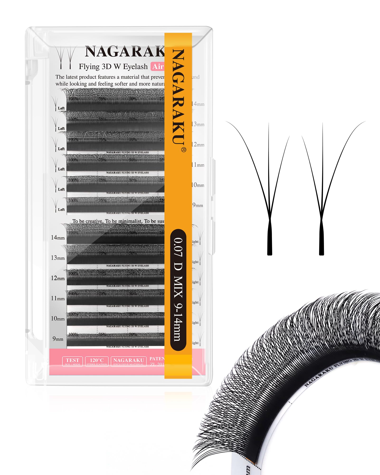 

NAGARAKU Eyelash Extensions, W-shaped, Flying 3D W Lash, 0.07mm, D-curl, 9-14mm length mix, Black, 12 rows, Natural, Lightweight, Ultra-fine.