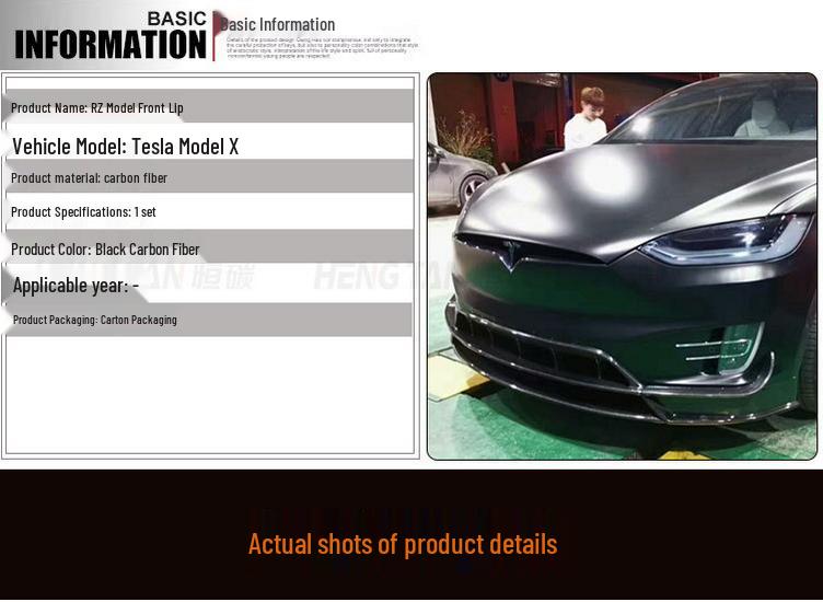 Compatible with Tesla Model X RZ: Carbon Fiber Front Lip & Bumper Diffuser Spoiler Kit.