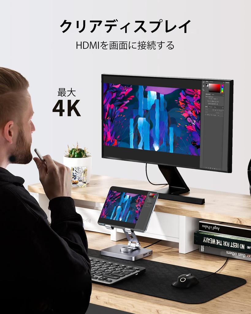 BYEASY iPad Stand Docking Station 8 In 1 iPad USB C Hub Tablet Stand with HDMI Jack LAN 100W PD Charging USB Card Reader for iPad Pro Type-C 3.5mm 3.0