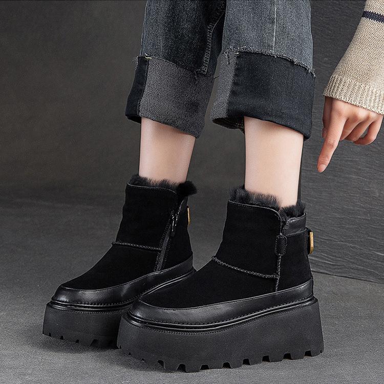 Johnature Thick Sole Snow Boots With Plush Warm Side Zipper Versatile Retro Solid Color Women's Shoes