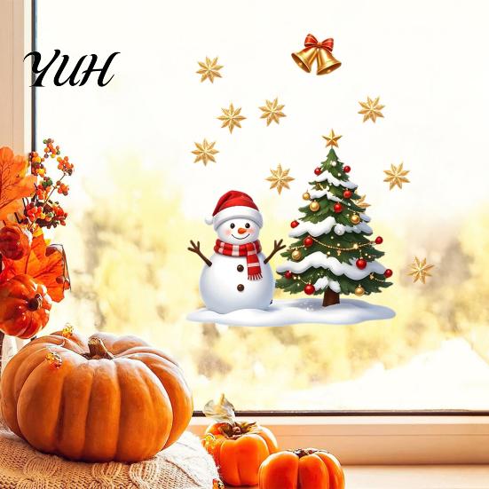 Creative Christmas Glass Clings Window Static Sticker, Snowman Tree Pattern PVC Decal, Waterproof Easy Peel Stickers Reusable Festive Wall for Living