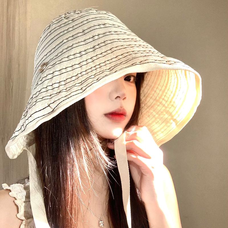Ribbon Women Striped Fisherman Hat Wide Brim Foldable Summer Sun Hat Sun Protection Solid Color Sunshade Hat