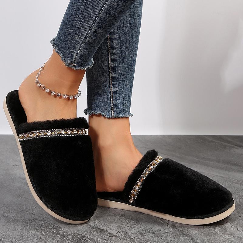 Bling Crystal Fluffy House Slippers for Women Winter 2025 Indoor Cozy Warm Fur Slippers Woman Flat Non Slip Plush Home Slides