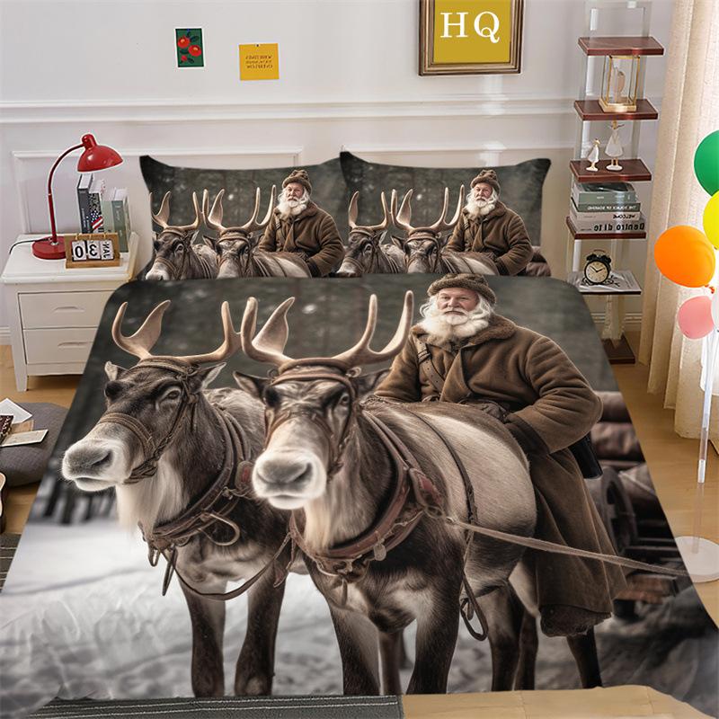 Jultomte Älg 3D-printad Polyester Kuddfodral Täcke Överdrag Två Eller Tre Delars Set