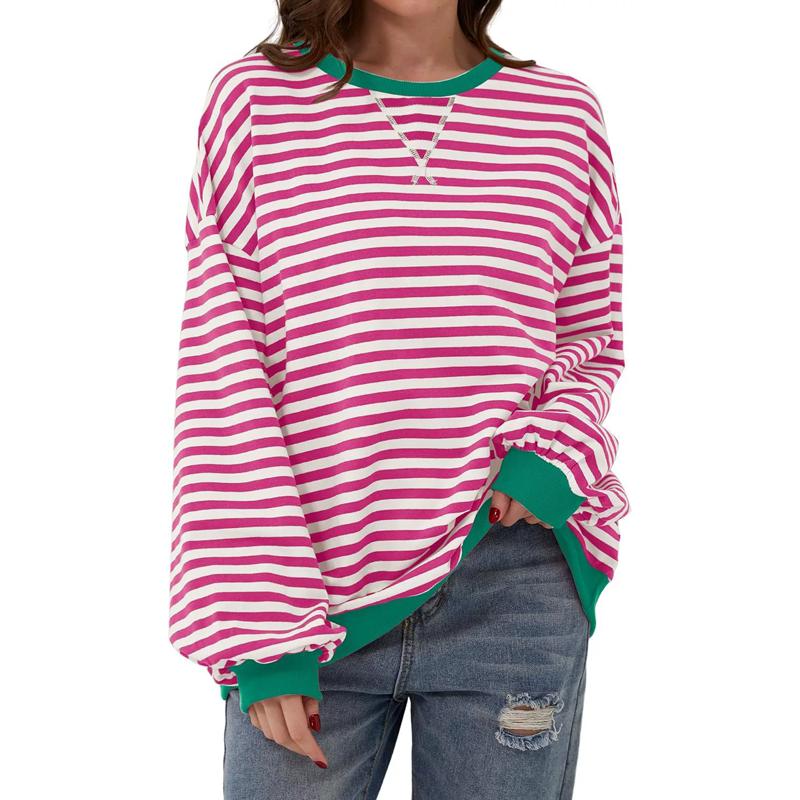 Autumn Winter Casual Loose Women's Cotton Sweatshirts Striped Pattern Crew Neck Full Sleeve Sports Hoodie