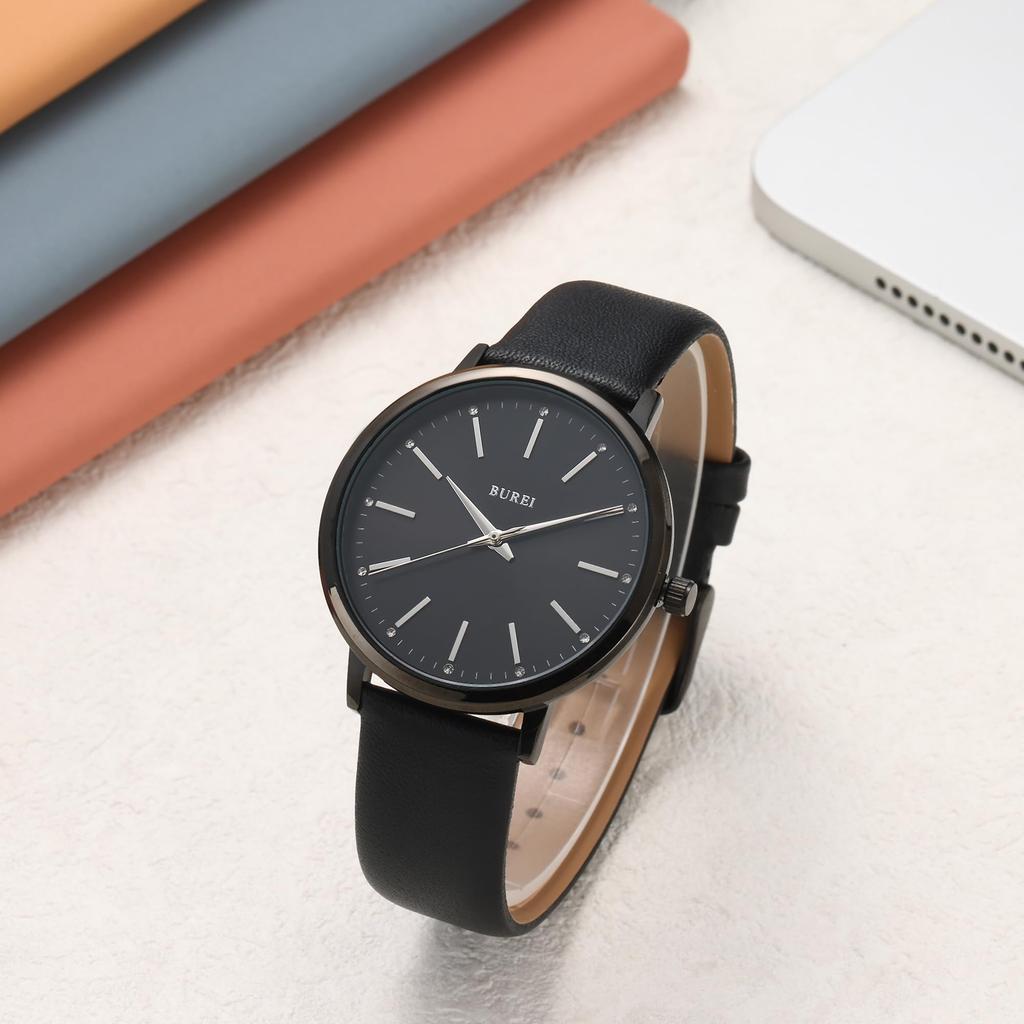 BUREI Women's Watch Analog Quartz Waterproof Fashion Leather Strap Casual Lightweight Stylish Gift (black)