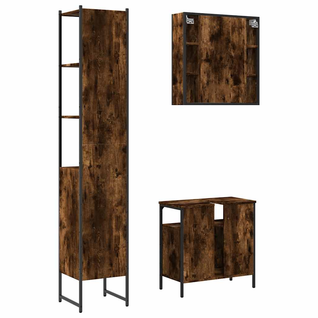3 Piece Bathroom Furniture Set Smoked Oak Wood Based Material