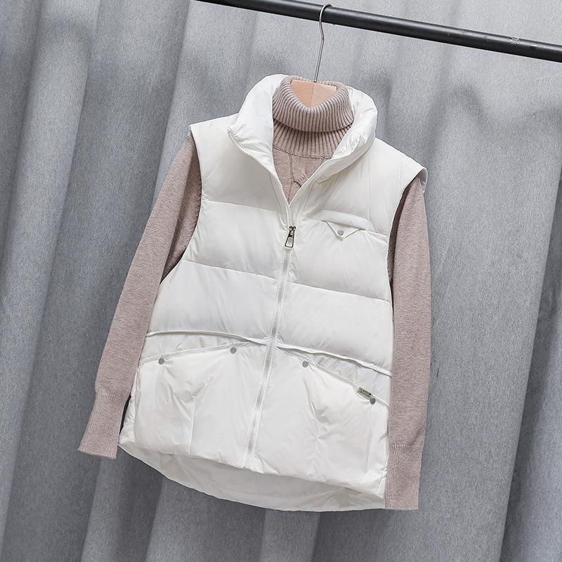 

Пуховый жилет женский новый заклепки короткий белый утиный пух воротник стойка свободный повседневный жилет верхняя одежда M-110-75kg