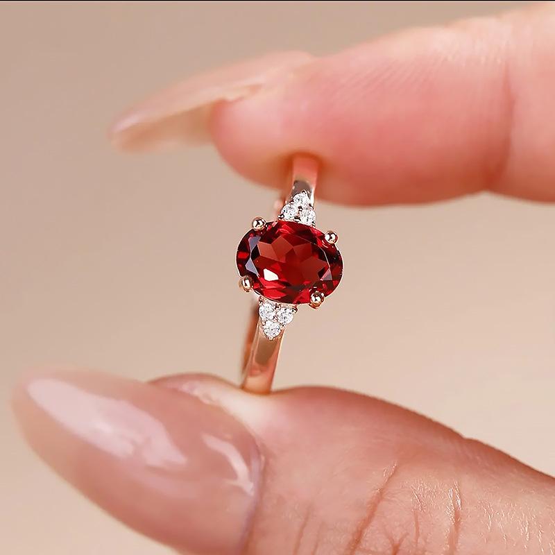 Inel pentru femei placat cu aur roz, cu granat natural imitație, inel viu cu comoară colorată de lux ușor