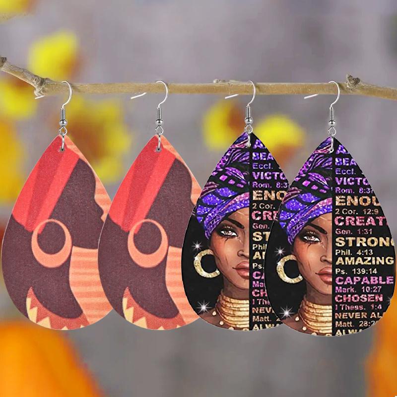 Boohemia Gypsy Girl with Earrings Print Waterdrop PU Earrings for Women Girls Letter Dangle Earrings Party Decorations New Year Christmas Gifts