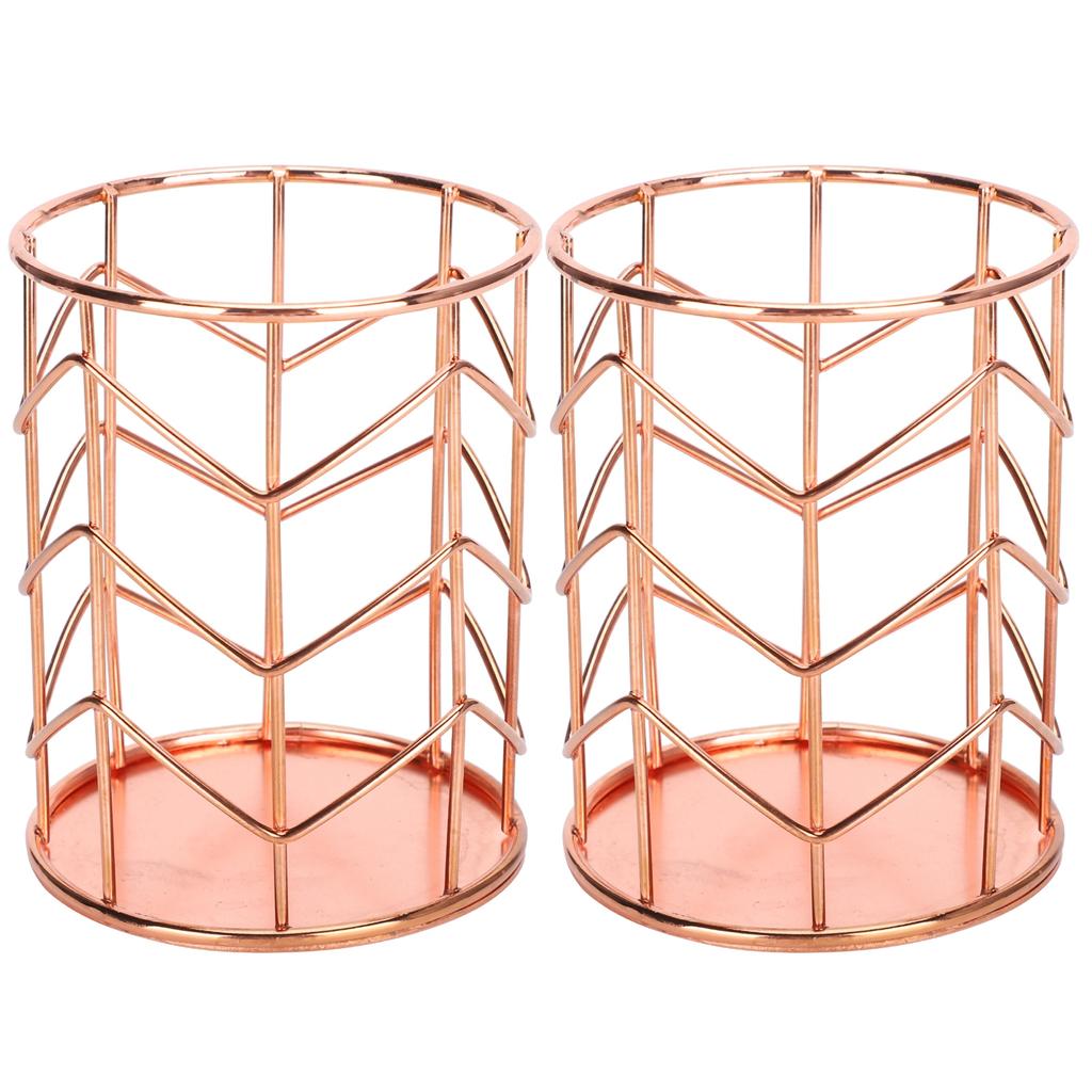 2Pcs Pen Holder Round Rose Gold Desktop Storage Basket Metal Mesh Makeup Organizer Box