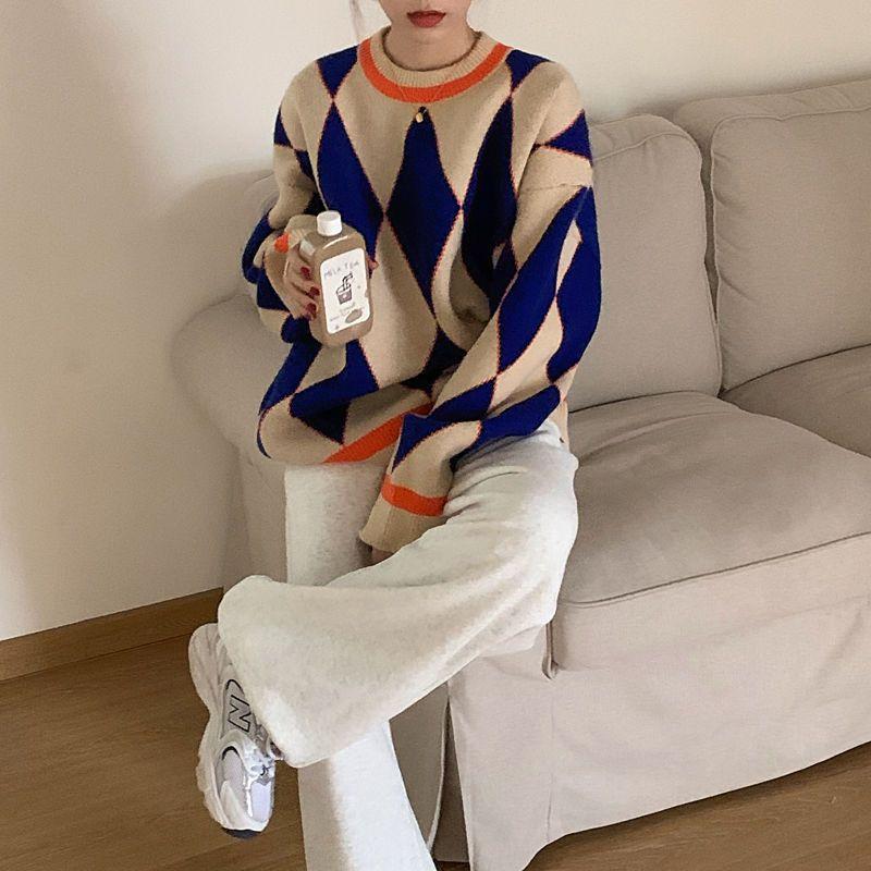 Autumn Winter Women's Korean Style Student Color Block Argyle Lazy Loose Sweater Versatile Knit Top