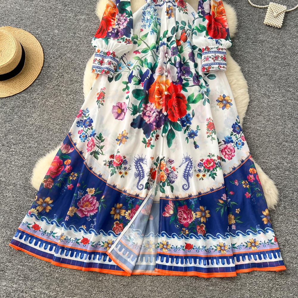 Palace Floral Maxi Dress Women Summer Holiday Chiffon Long Dresses Shirt 2026 Spring Long Sleeve Single Breasted Party Dress
