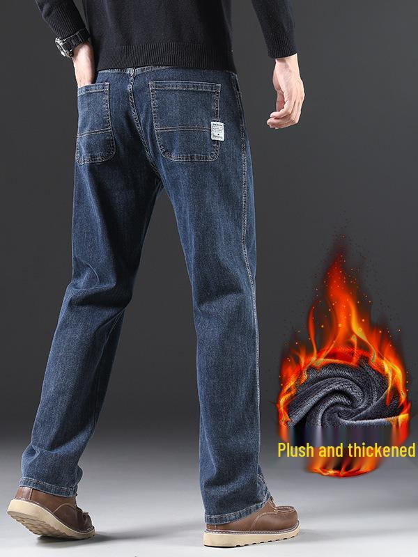 Men's Black Casual Loose Straight-Leg Jeans with Velvet Lining