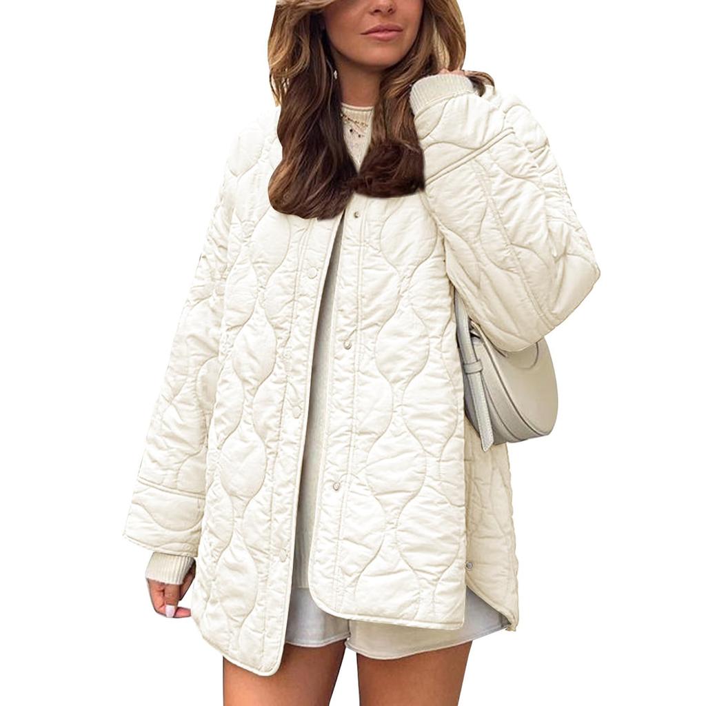 Women's Casual Crewneck Jacket With Pockets, Buttons, Solid Color And Long Sleeves