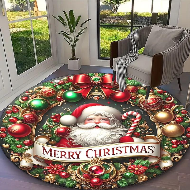 1pc General-purpose Rug, Christmas Elements Merry Christmas Printed Round Rug, Comfortable Office Chair Carpet, Home Entrance Floor Mat