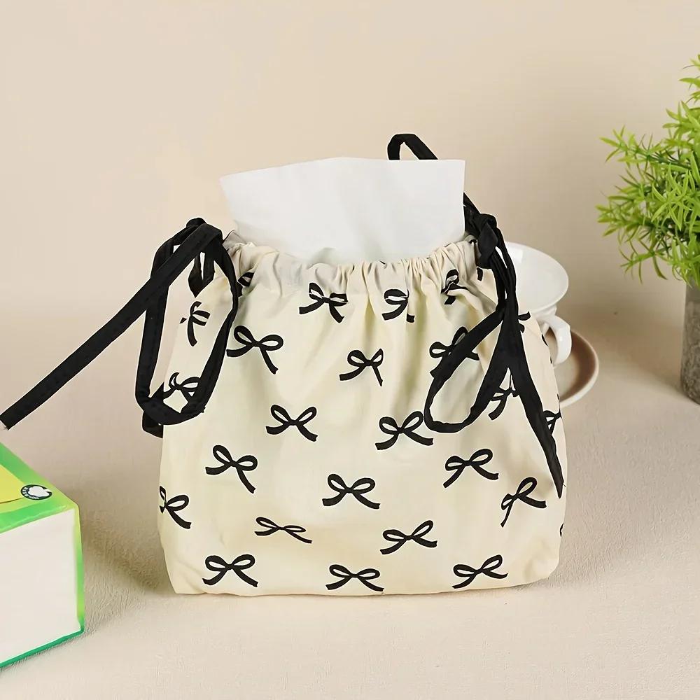 1pc Ribbon Drawstring Adjustable Tissue Bag Home Kitchen Fabric Tissue Box Fashionable Practical Home Decoration Essentials