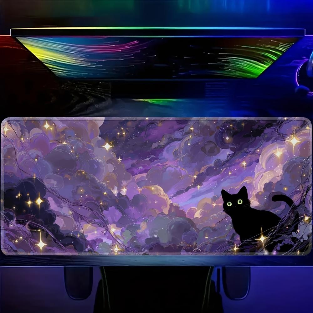 Large Gaming Mouse Pad Black Cat Design Anime Mouse Mat for Computer Desk XXL Mousepad with Mystical Purple Sky NonSlip Rubber