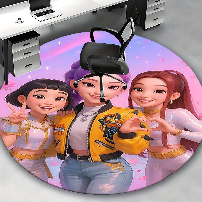 1pc Anime Design Round Carpet - Office Chair Mat with Heart-Shaped Hand Gesture and Floral Print, Suitable for Home Decor, Gaming Room