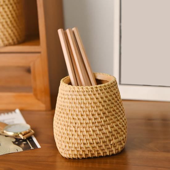 Huaqianguhh Faux Rattan Pen Holder, Woven Style Makeup Brush Boho Desktop Organizer, Multi-functional Resin Pencil Cup for Home Office