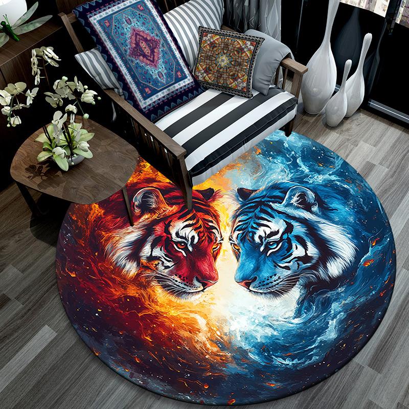 Yin Yang Tigers Round Area Rug,Carpet Rug for Living Room Bedroom Sofa Playroom Decor,Non-slip Floor Mat