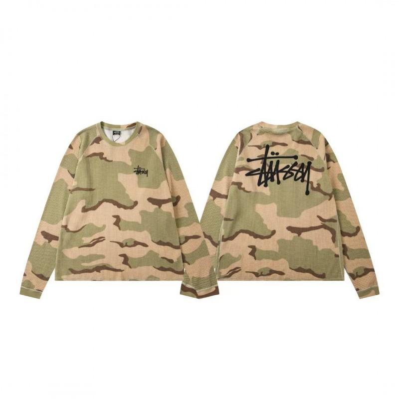Stu American Style Waffle Print Oversized Long Sleeve Tee Men Winter Casual Wear